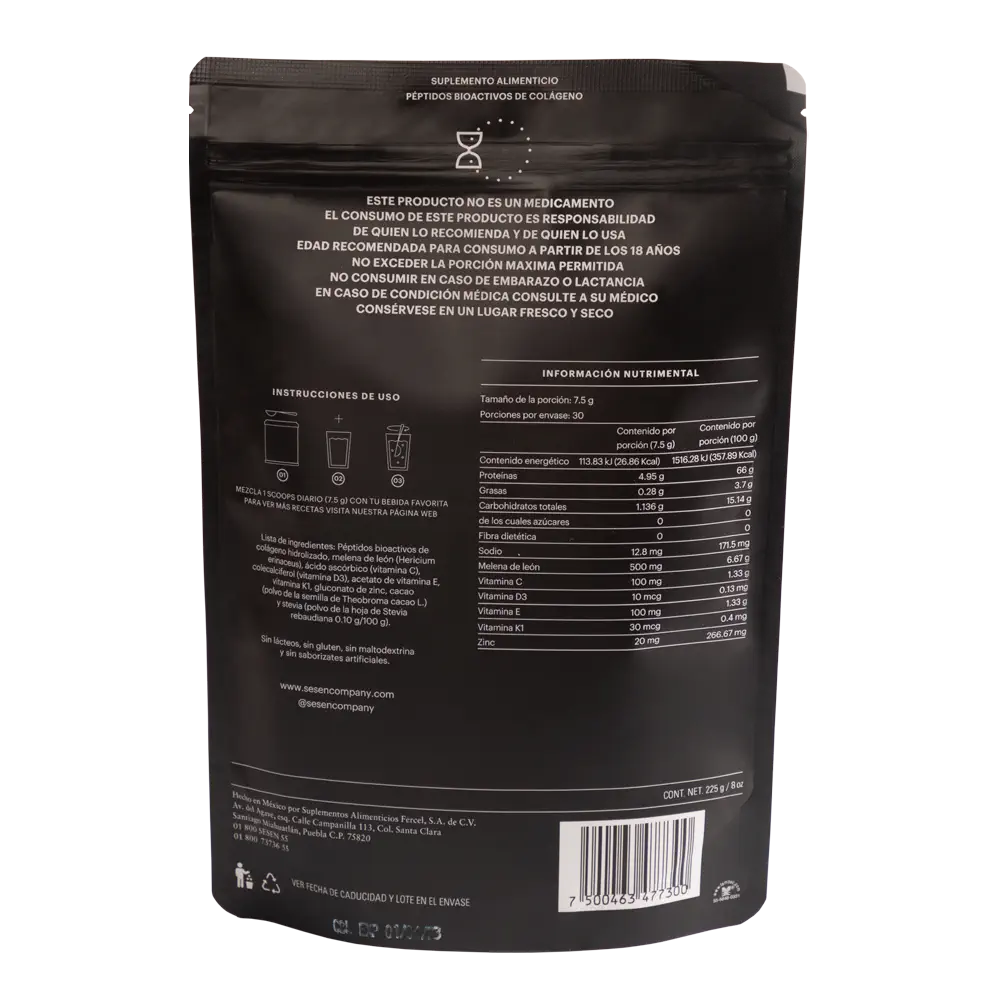 Reverso de bolsa de péptidos de colágeno hidrolizado Black con información nutricional, instrucciones de uso, ingredientes y datos del suplemento