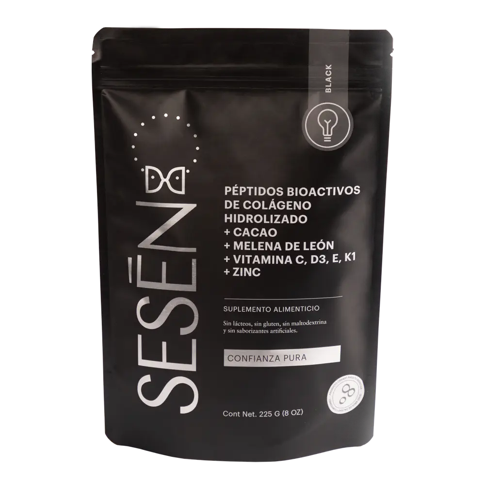 Bolsa frontal de péptidos de Colágeno Hidrolizado black en empaque negro con detalles plateados