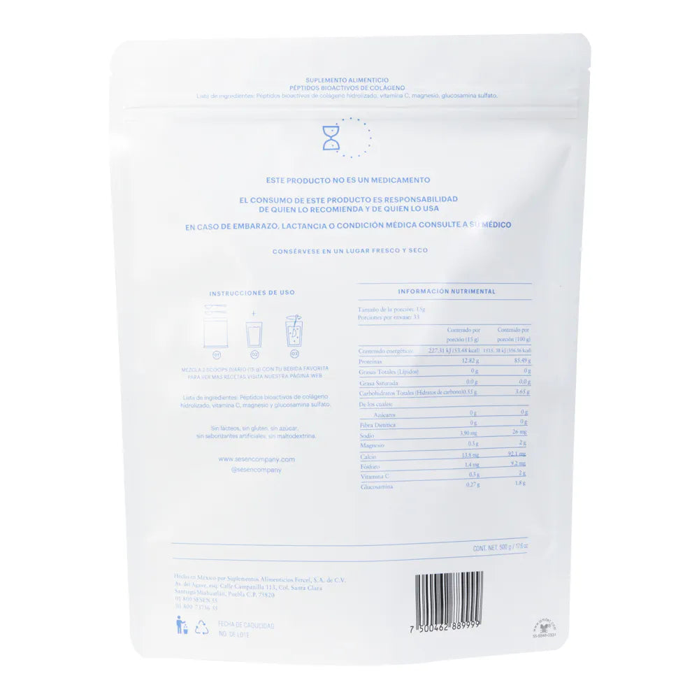 Reverso de bolsa de péptidos de colágeno hidrolizado Blue con información nutricional, instrucciones de uso, ingredientes y datos del suplemento