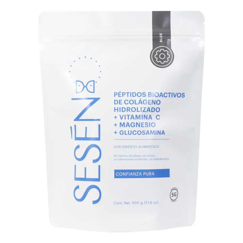 Bolsa frontal de peptidos de Colágeno Hidrolizado Blue en empaque blanco con detalles azules