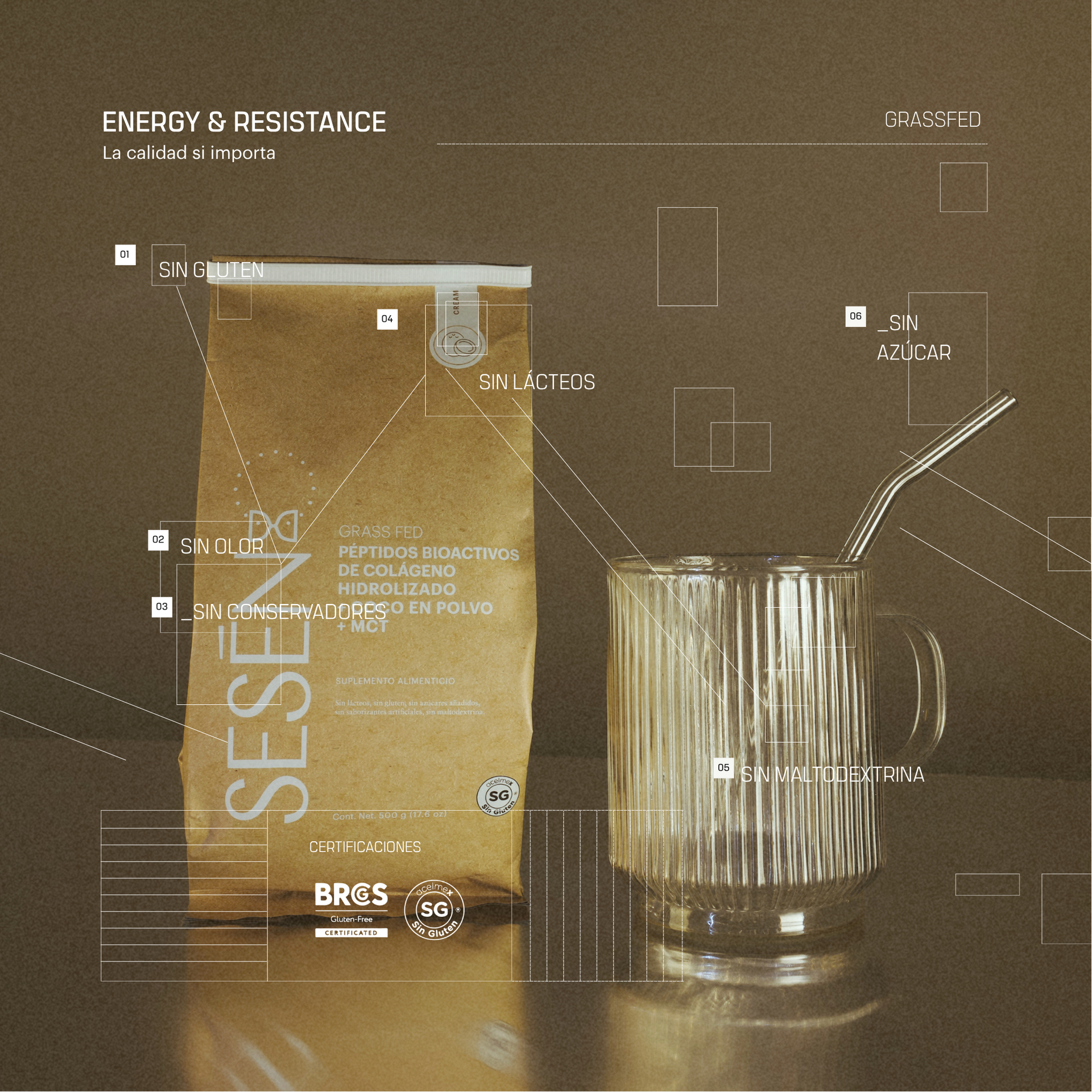 Suplemento creamer con péptidos de colágeno en envase tipo bolsa, acompañado de una bebida, destacando beneficios como energía y resistencia, sin gluten, sin azúcar y sin lácteos.