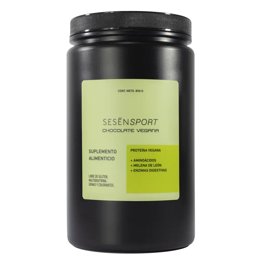 Envase de proteína vegana sabor chocolate. Suplemento alimenticio con aminoácidos, melena de león y enzimas digestivas.