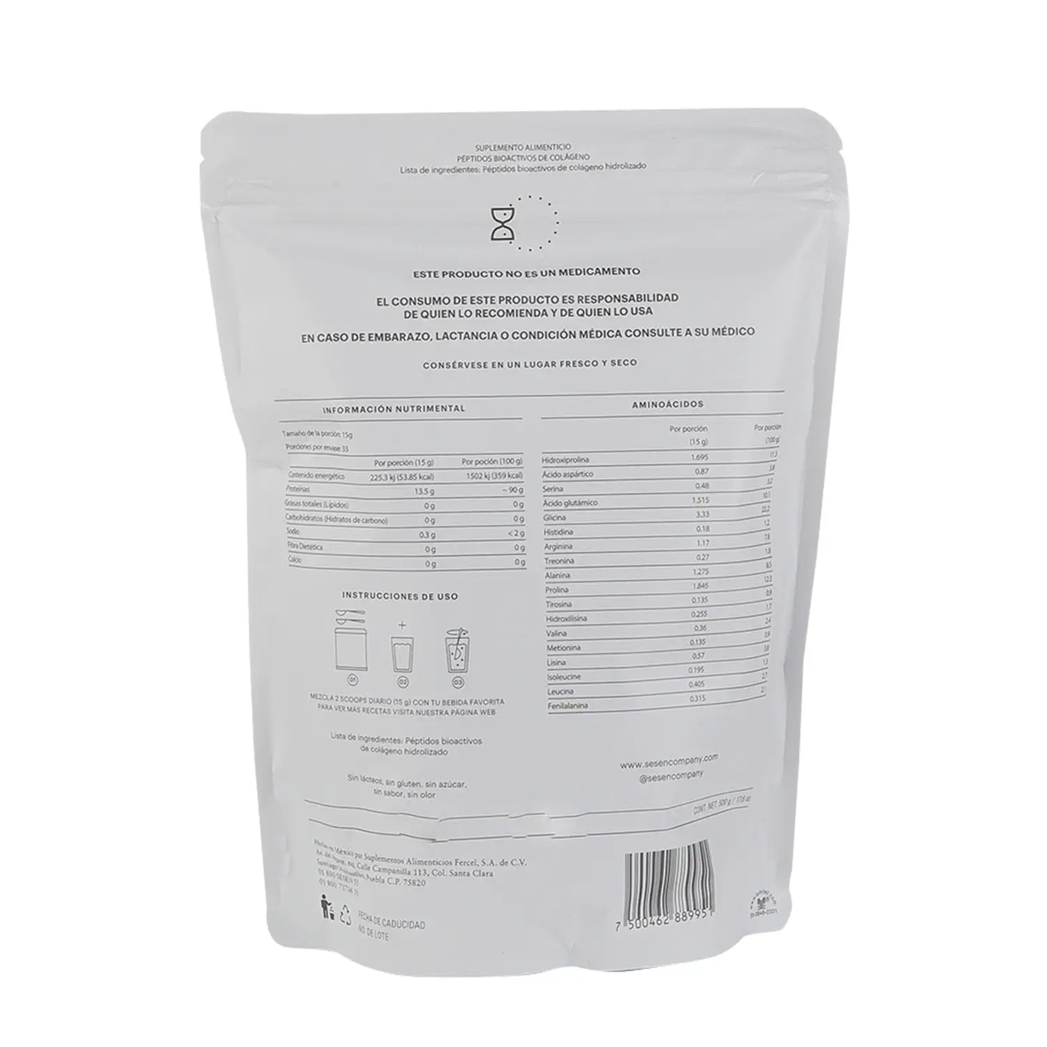 Parte trasera del empaque de colágeno hidrolizado Clásico con ingredientes e instrucciones de uso