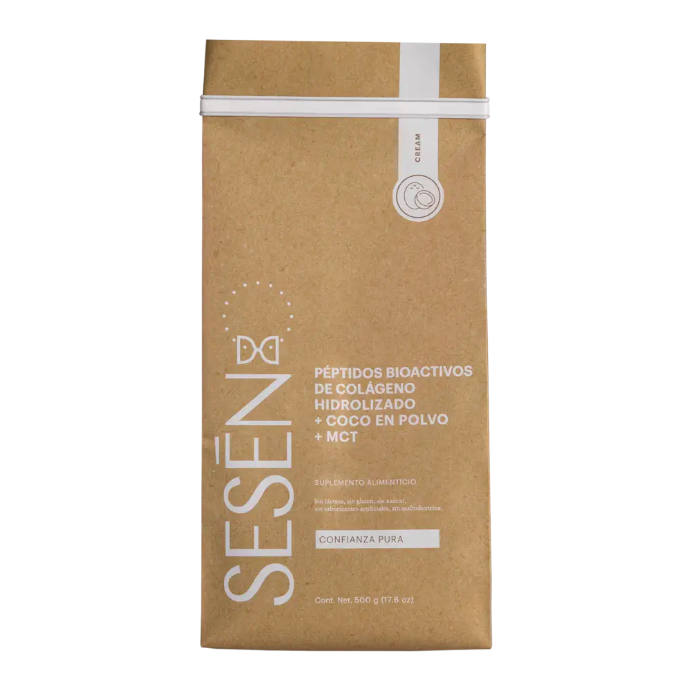 Bolsa de Creamer con péptidos bioactivos de colágeno hidrolizado con coco en polvo y MCT presentación frontal empaque kraft suplemento alimenticio