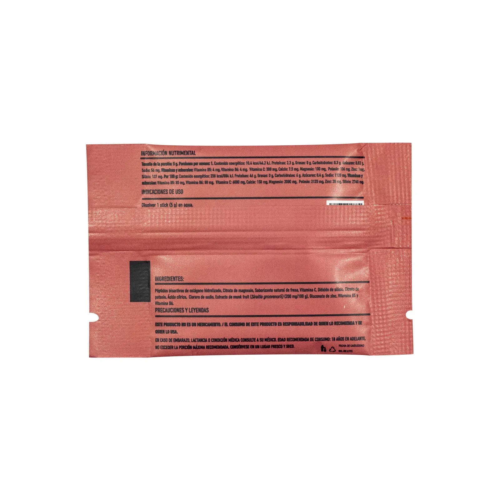 Parte posterior del stick de electrolitos Sesén Sport E-Lite fresa con información nutrimental, ingredientes e indicaciones de uso.