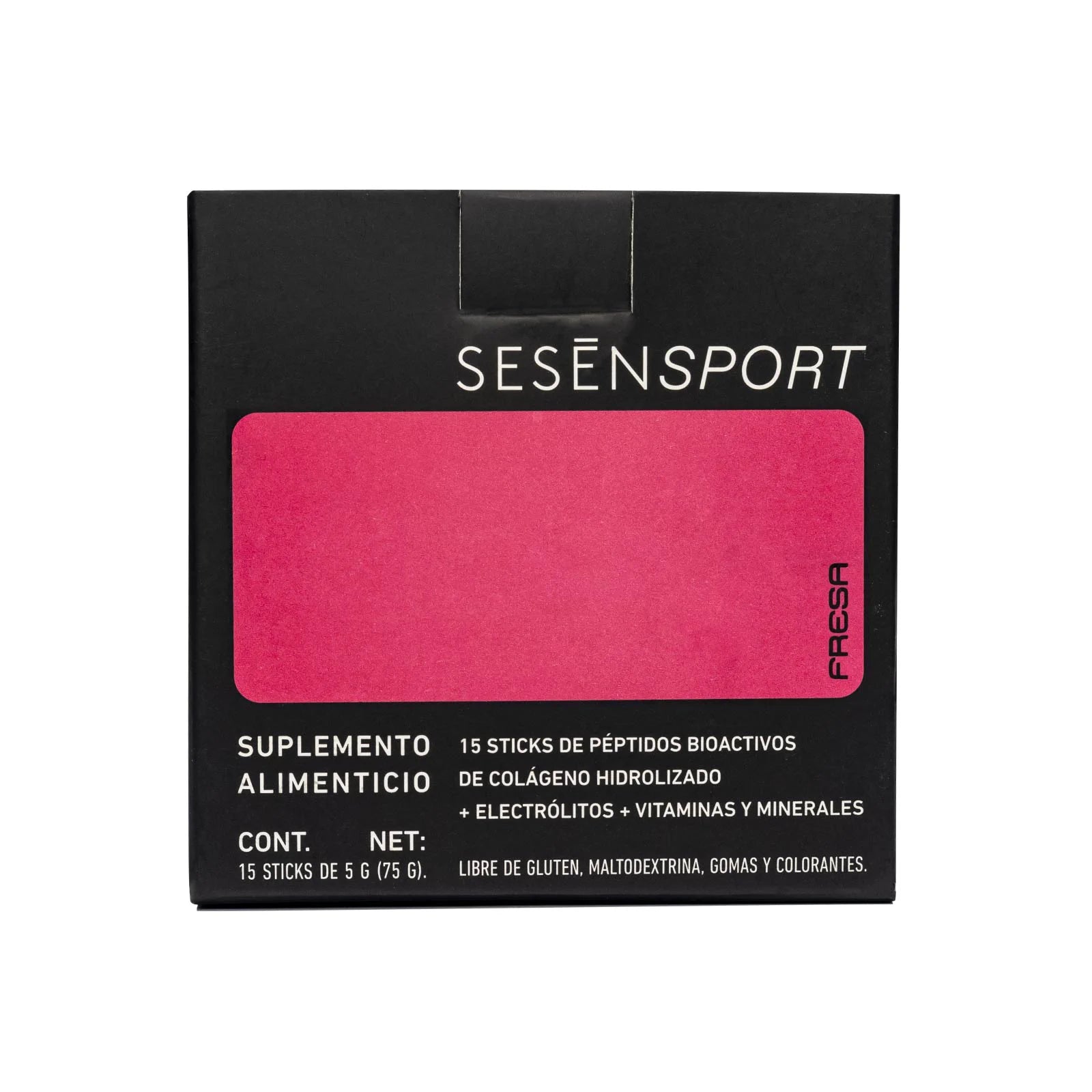 Caja de electrolitos Sesen Sport E-Lite sabor fresa con 15 sticks de colágeno hidrolizado, electrolitos, vitaminas y minerales.