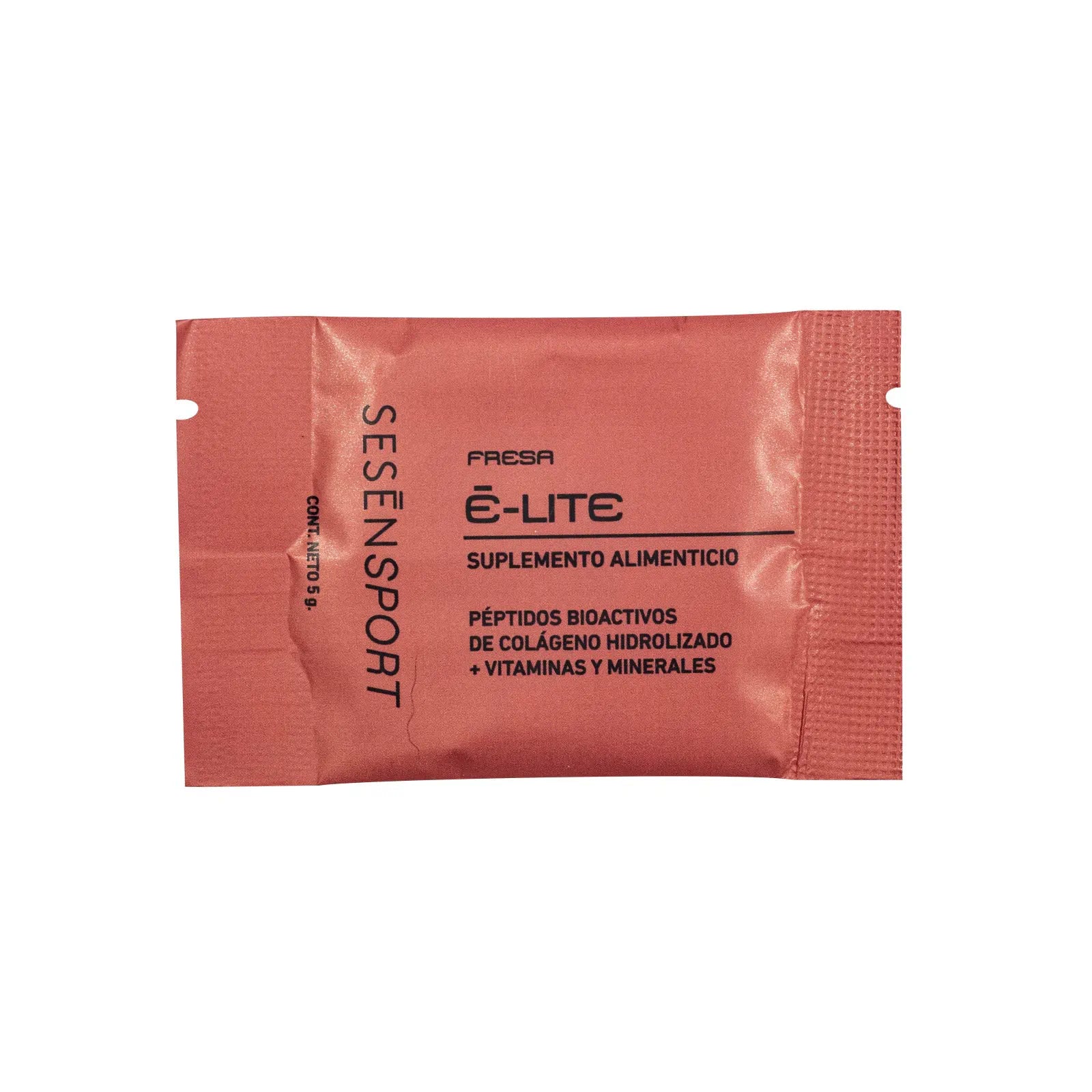 Stick individual de Sesen Sport E-Lite sabor fresa, suplemento alimenticio en polvo con péptidos bioactivos de colágeno, vitaminas y minerales.