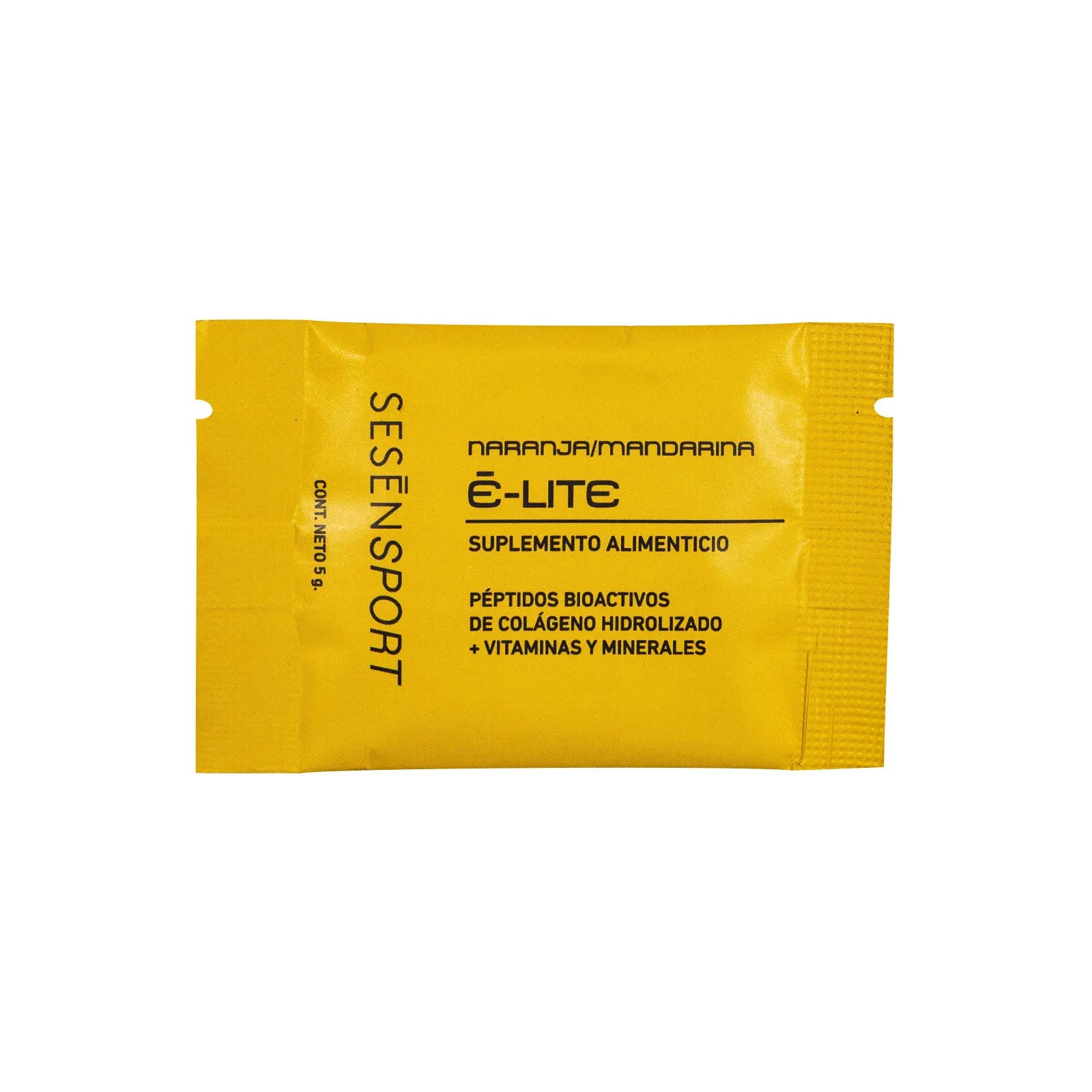 Stick individual de Sesen Sport E-Lite sabor Naranja Mandarina, suplemento alimenticio en polvo con péptidos bioactivos de colágeno, vitaminas y minerales.