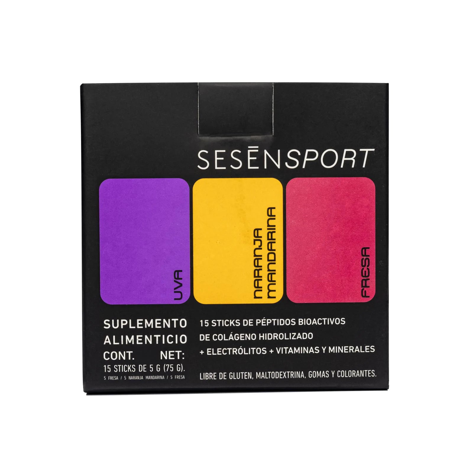 Caja de suplemento alimenticio Sesen Sport Electrolitos Mix con 15 sticks de colágeno hidrolizado, electrolitos, vitaminas y minerales, en sabores uva, naranja mandarina y fresa.