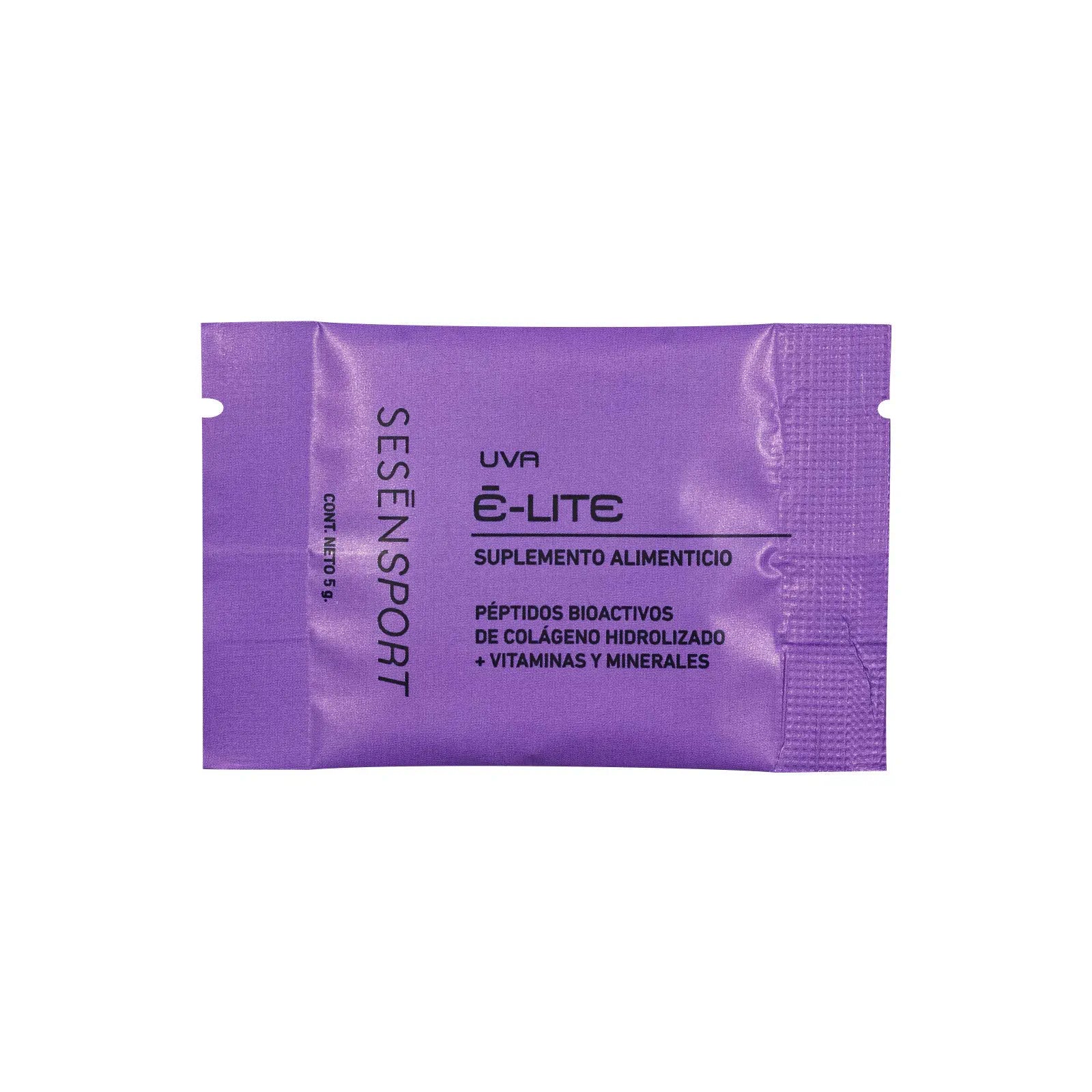 Stick individual de Sesen Sport E-Lite sabor uva, suplemento alimenticio en polvo con péptidos bioactivos de colágeno, vitaminas y minerales.