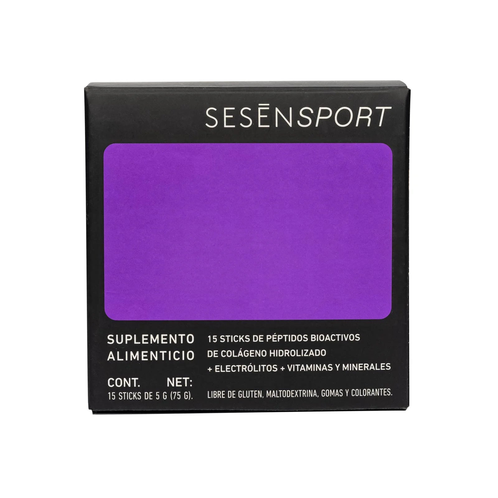Caja de electrolitos Sesen Sport E-Lite sabor uva con 15 sticks de colágeno hidrolizado, electrolitos, vitaminas y minerales.