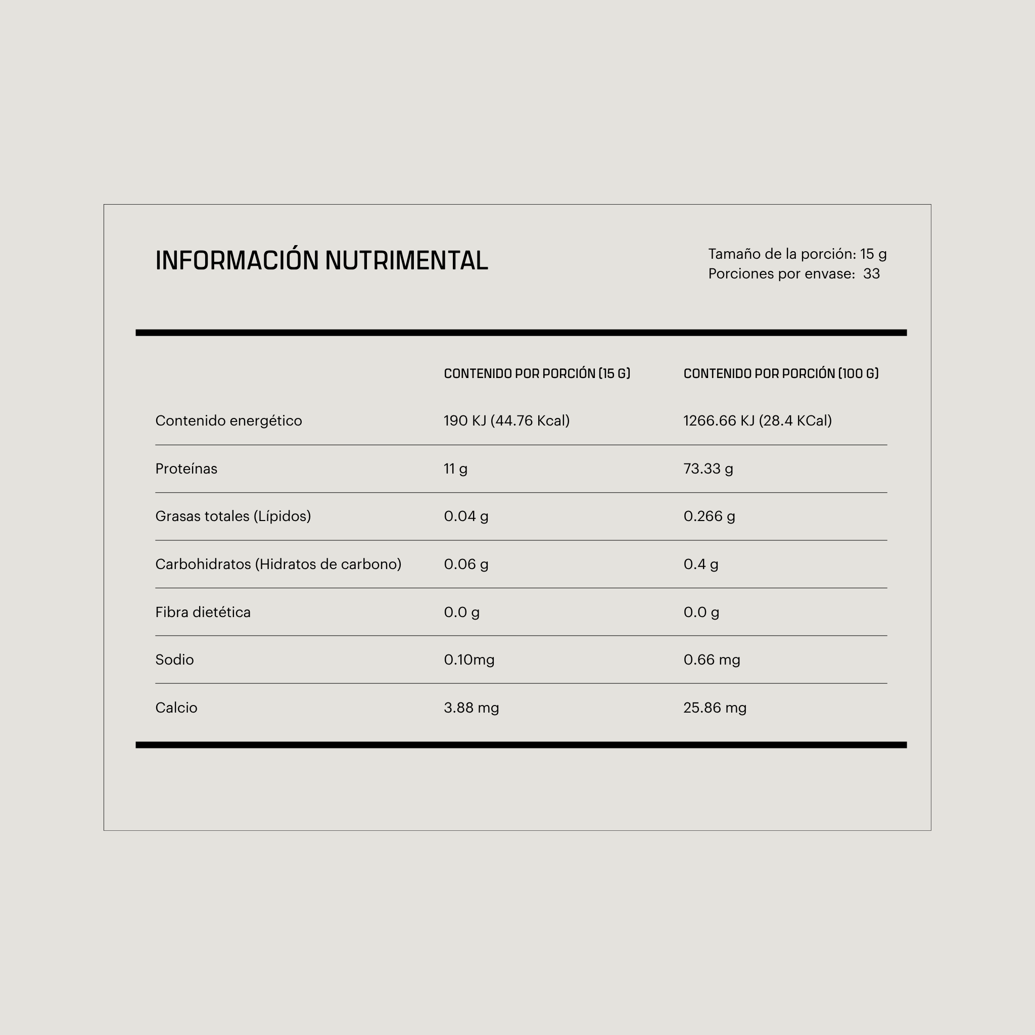 Tabla de información nutrimental de péptidos colágeno hidrolizado matcha