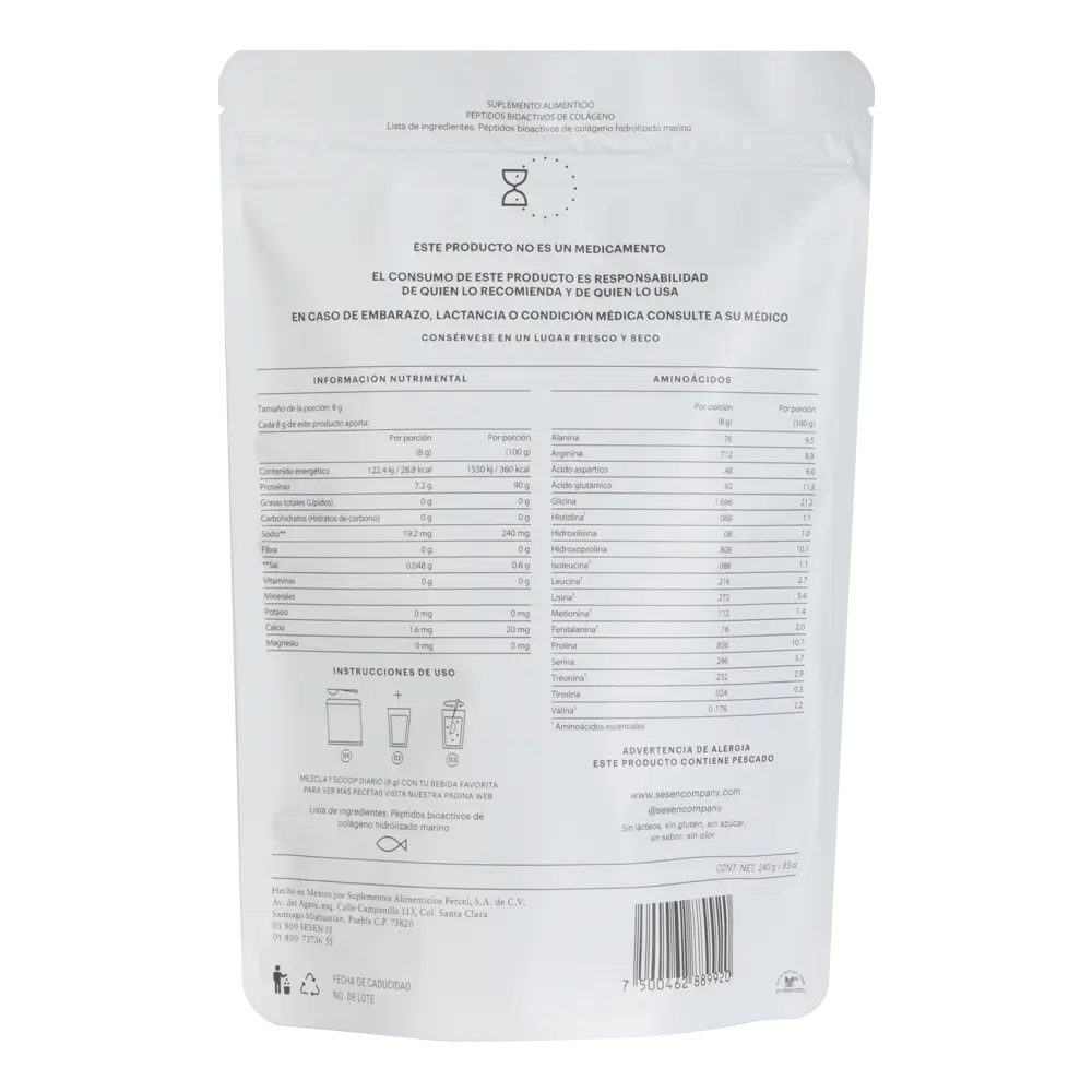 Reverso de bolsa de péptidos de colágeno hidrolizado Marino con información nutricional, instrucciones de uso, ingredientes y datos del suplemento