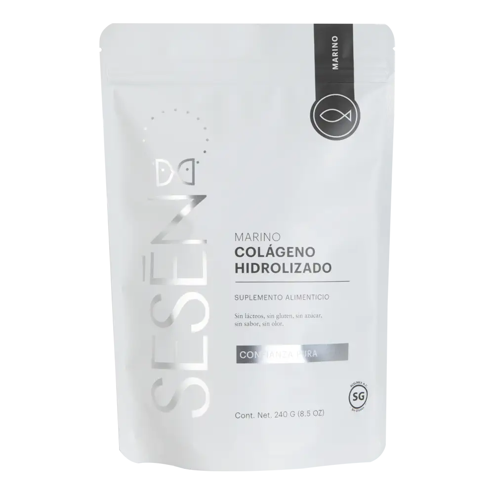 Bolsa frontal de péptidos de Colágeno Hidrolizado Marino en empaque blanco con detalles plateados