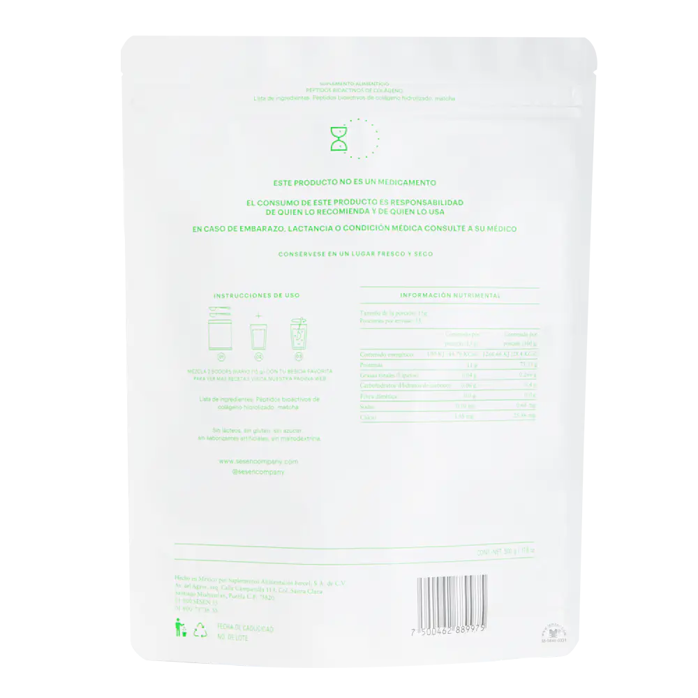 Vista posterior del empaque de péptidos colágeno matcha con instrucciones de uso, ingredientes e información nutrimental