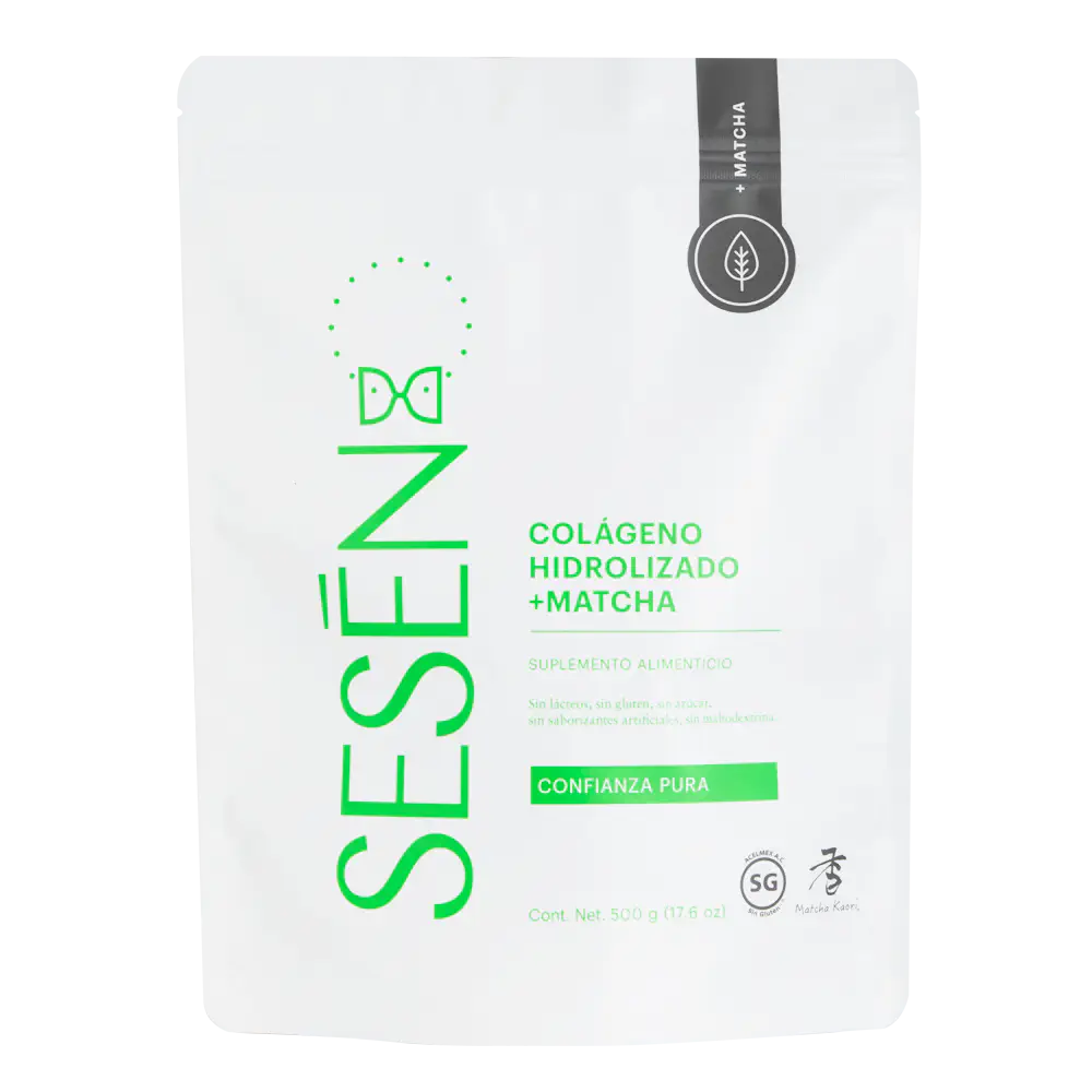 Empaque frontal de péptidos Matcha, colágeno hidrolizado en polvo con matcha, presentación de 500 g