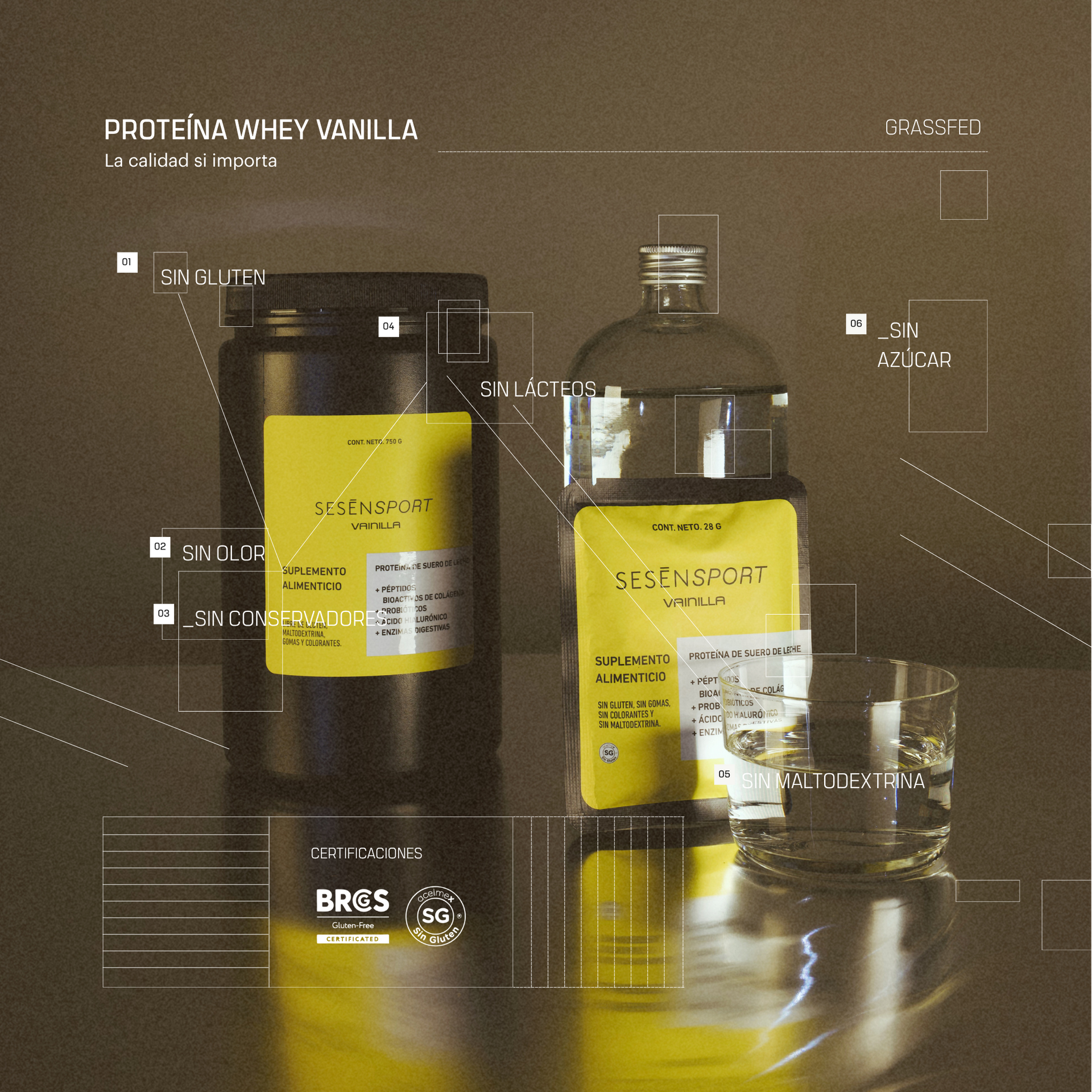 Proteína whey sabor vainilla en envases con etiqueta amarilla, acompañada de un vaso, destacando que es sin gluten, sin azúcar y sin conservadores.