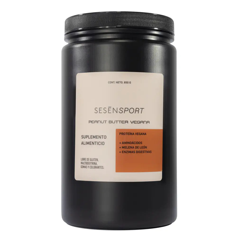 Frasco de proteína vegana Peanut Butter, suplemento alimenticio con aminoácidos, melena de león y enzimas digestivas.