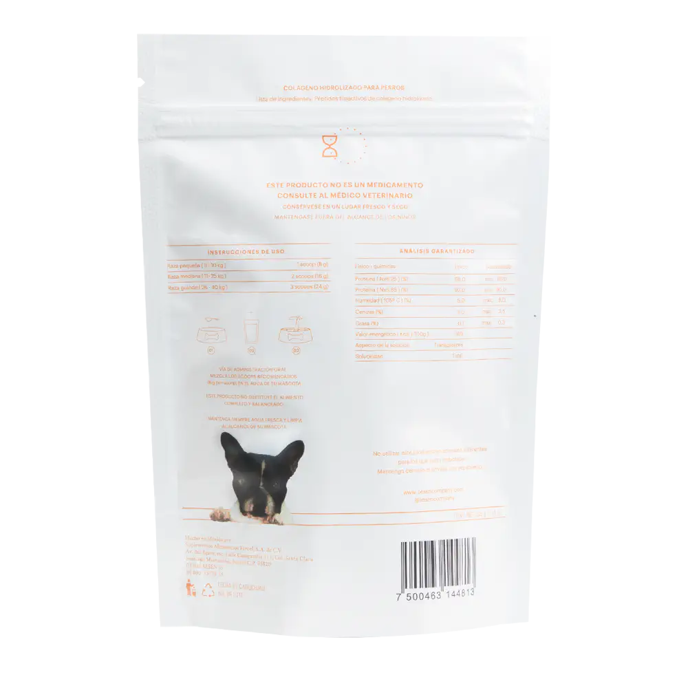 Parte trasera del empaque de colágeno hidrolizado Sesen Pets para perros con instrucciones de uso e información nutrimental.