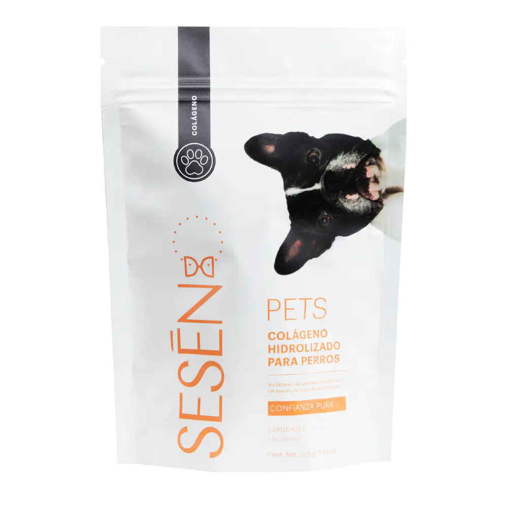 Empaque frontal de Sesen Pets colágeno hidrolizado para perros.