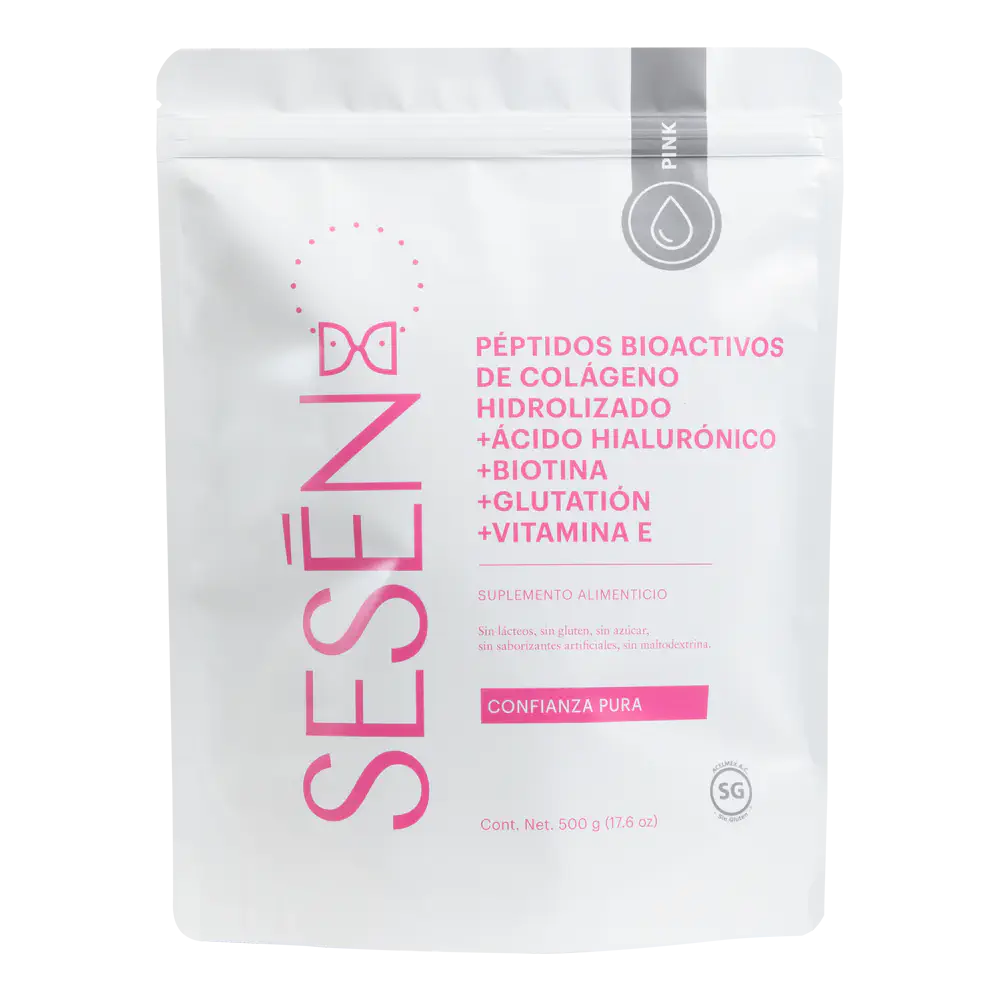 Empaque frontal de péptidos Pink, colágeno hidrolizado en polvo con biotina, ácido hialurónico y vitamina E