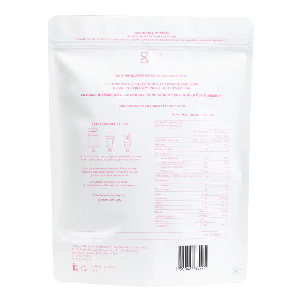 Vista posterior del empaque de péptidos Pink con instrucciones de uso, ingredientes e información nutrimental