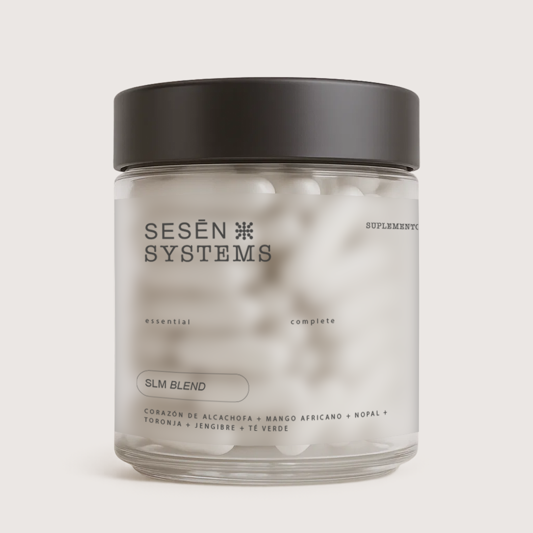 Frasco de cápsulas SLM BLEND de Sesen Systems, suplemento alimenticio en presentación de cápsulas.