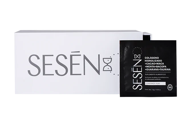Caja blanca de sachets black con sobre individual de péptidos de colágeno hidrolizado