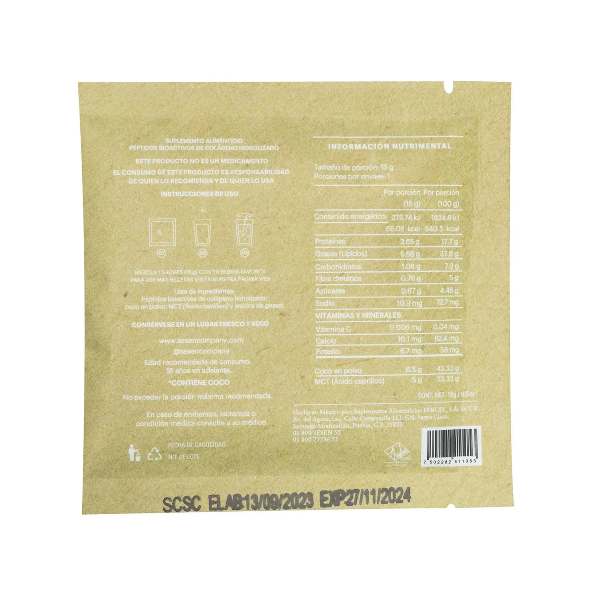 Información nutrimental y tabla de ingredientes del sobre de péptidos bioactivos de colágeno hidrolizado con coco en polvo y MCT vista posterior del empaque individual