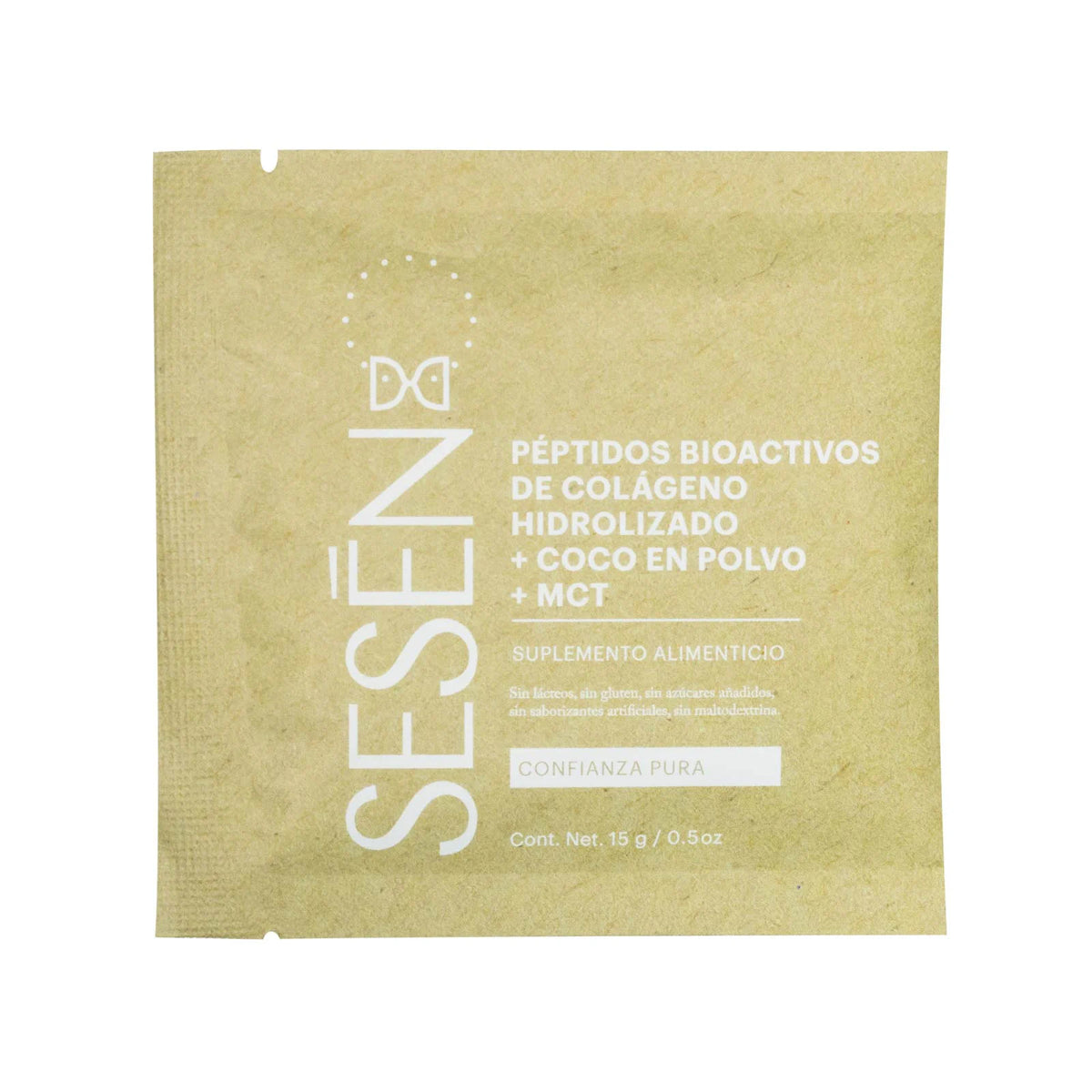 Sobre individual de péptidos bioactivos de colágeno hidrolizado con coco en polvo y MCT suplemento alimenticio presentación de 15 gramos fondo beige
