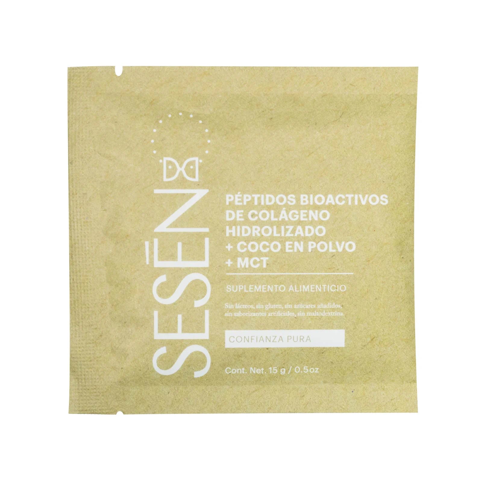 Sachet de péptidos de colágeno con coco en polvo y MCT, etiquetado como suplemento alimenticio.
