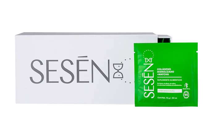 Caja de sachets matcha con sobres individuales de colágeno hidrolizado, suplemento alimenticio