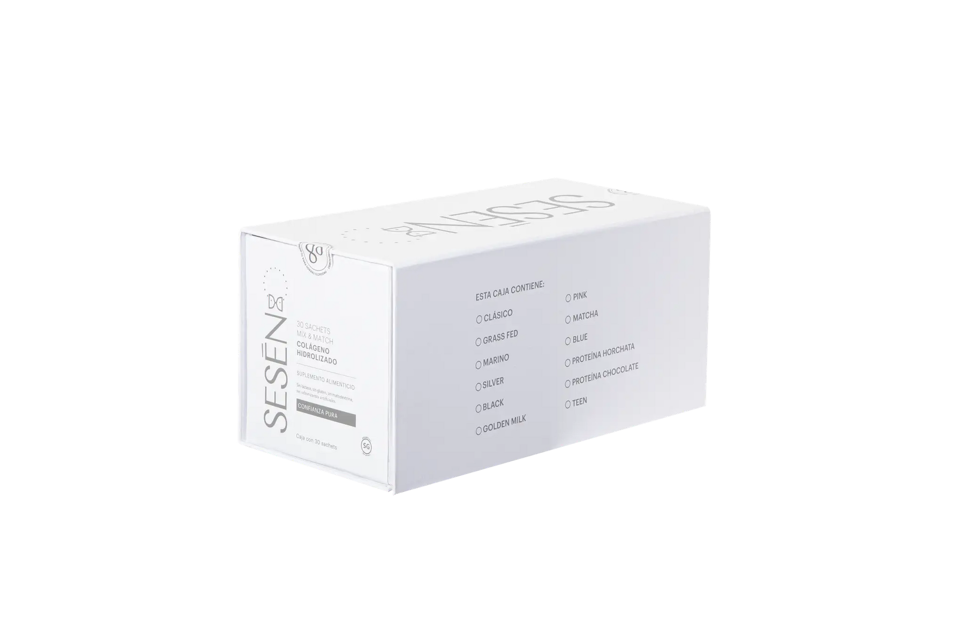 Caja de Sachets Mix & Match vista en perspectiva mostrando el empaque completo con listado de variantes en el costado sobre fondo negro