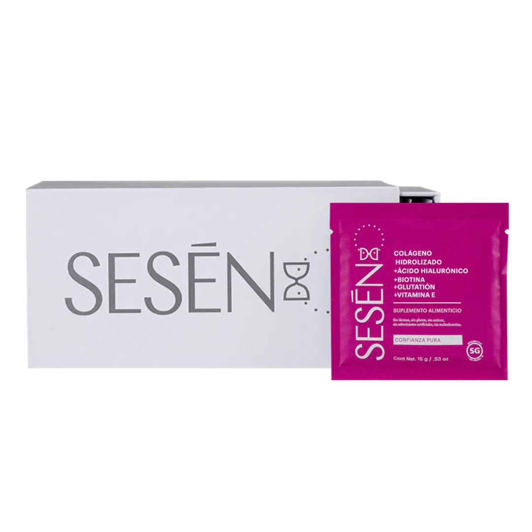 Caja de Sachets Pink con sobres individuales de colágeno hidrolizado en polvo, suplemento alimenticio
