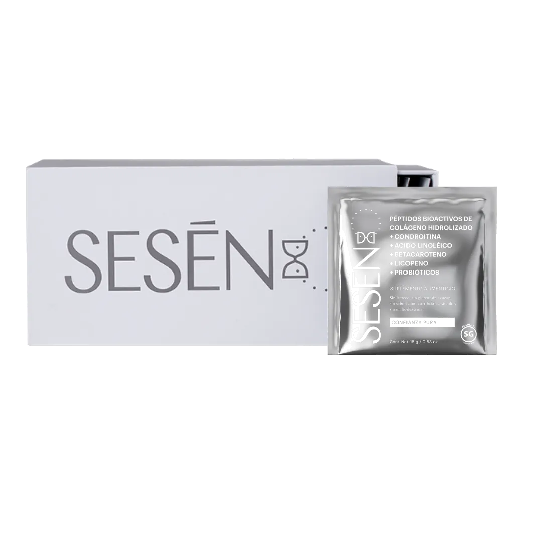 Caja de sachets Silver con sobres individuales plateados de colágeno hidrolizado en presentación para consumo diario