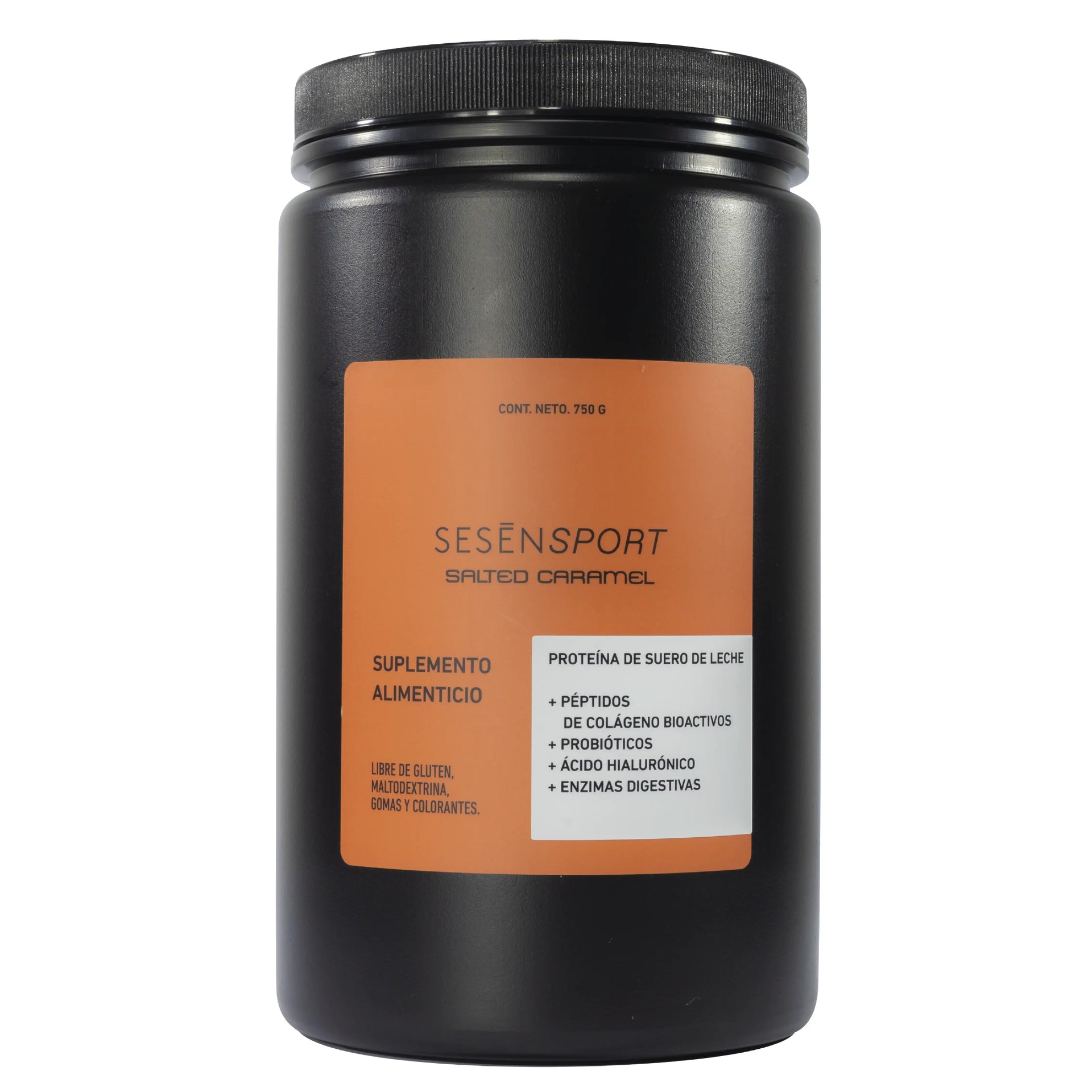 Frasco de proteína y colágeno Salted Caramel, suplemento alimenticio de proteína de suero con probióticos colágeno y enzimas digestivas libre de gluten gomas y colorantes