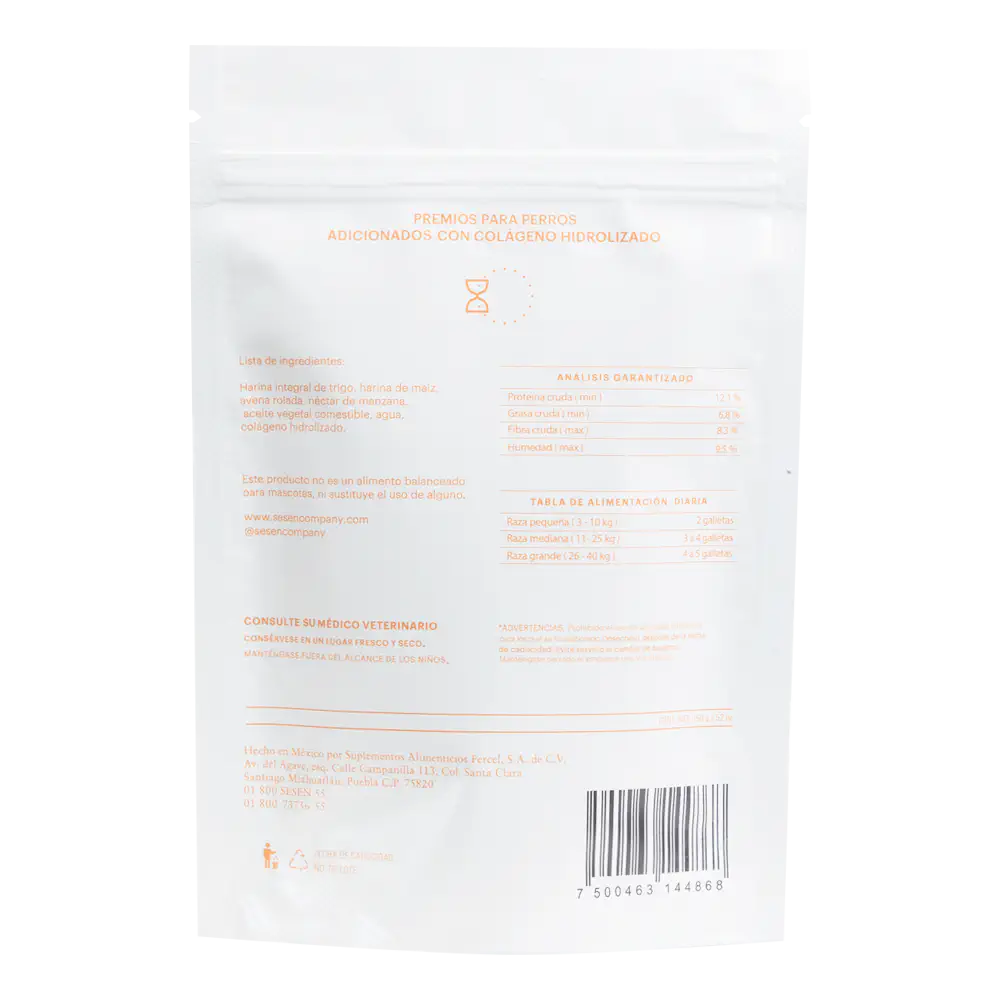 Parte trasera del empaque de Sesen Pets snacks para perros sabor manzana con información nutrimental.