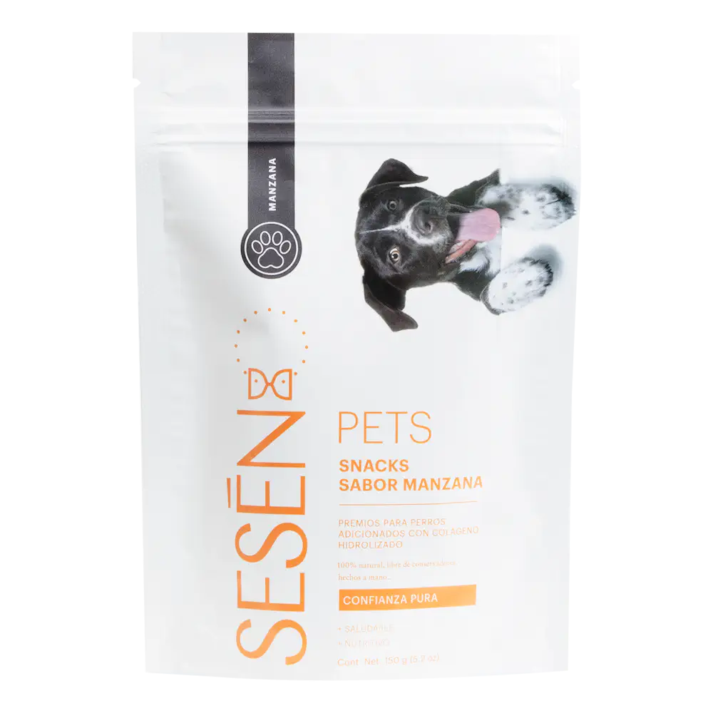 Empaque frontal de Sesen Pets snacks para perros sabor manzana