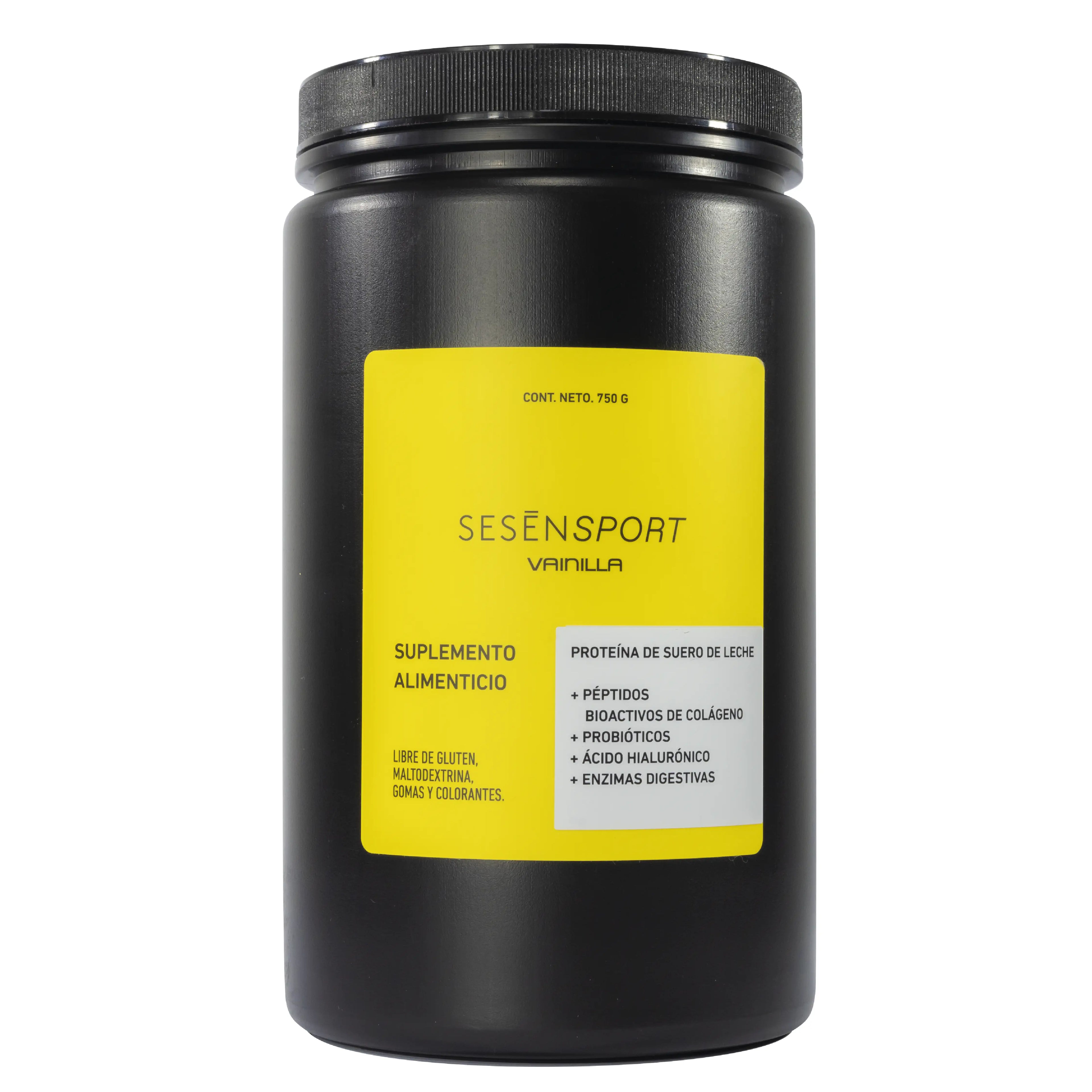 Envase de proteína y colágeno de vainilla con etiqueta amarilla suplemento alimenticio alto en proteína de suero libre de gluten maltodextrina gomas y colorantes