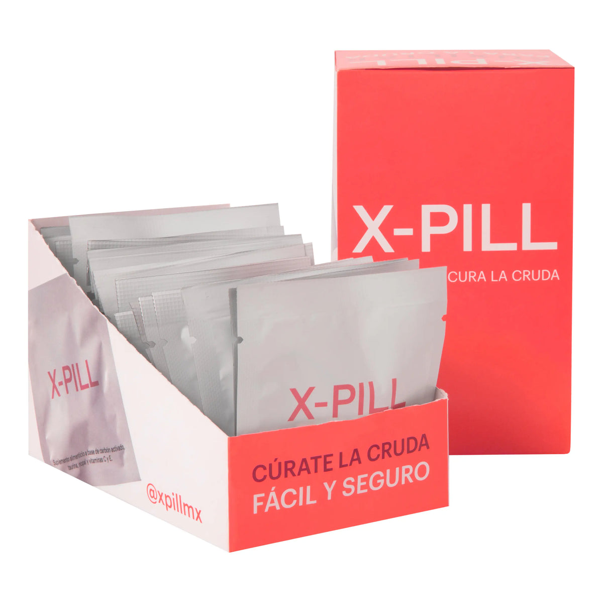Caja de XPILL con sobres individuales del suplemento alimenticio en cápsulas